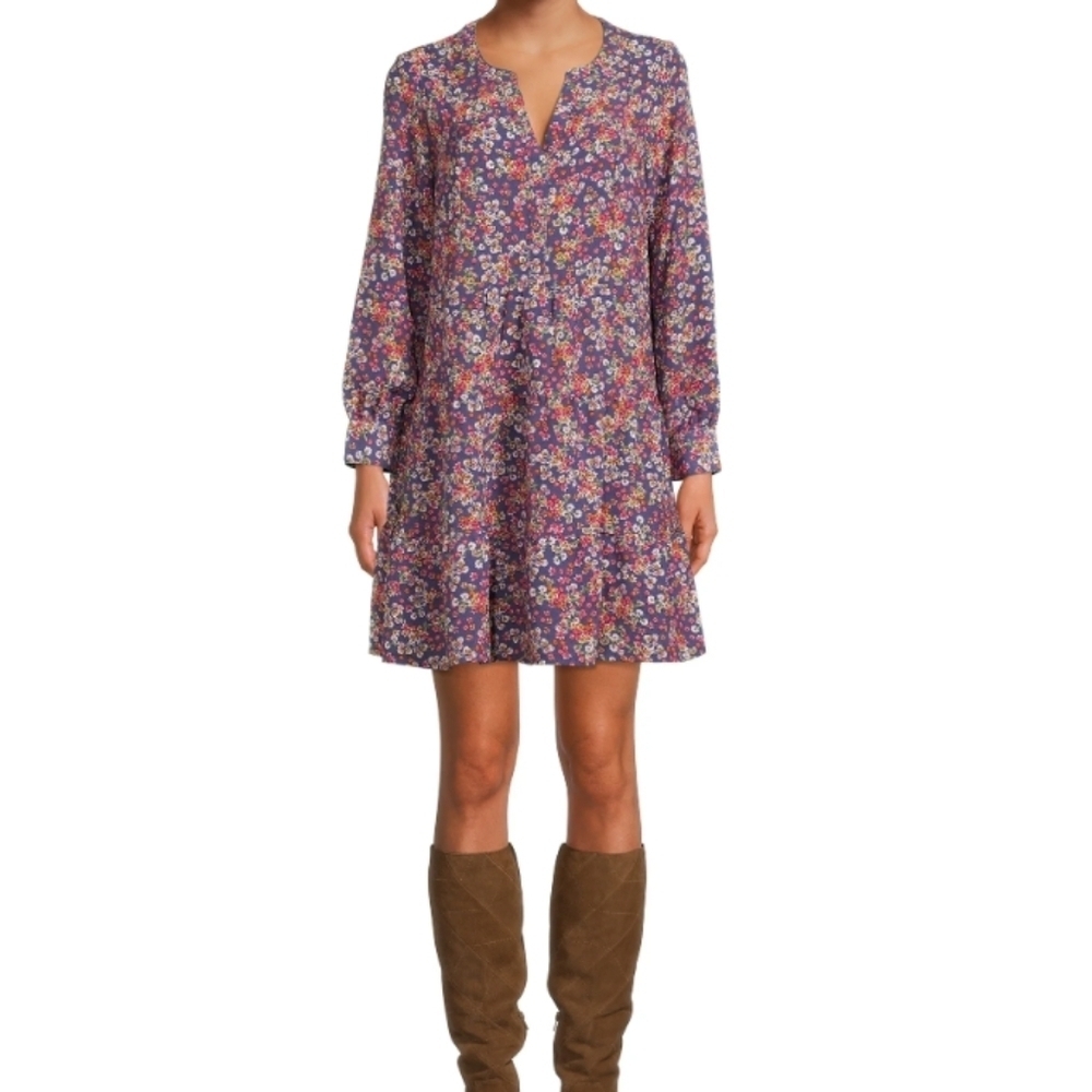 Time and Tru Blue Floral Tiered Long Sleeve Tunic Dress